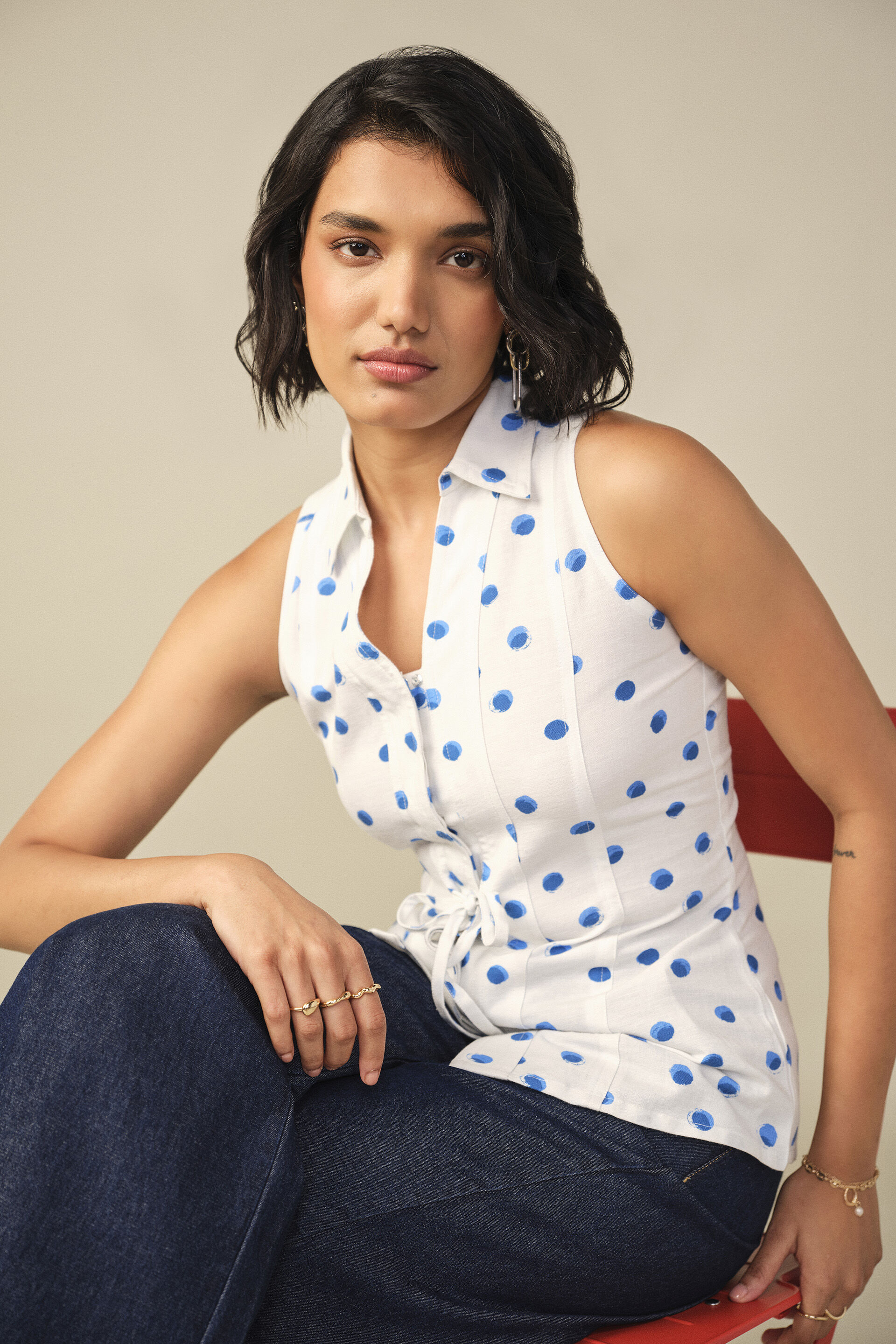 Polka Tapered Top in White, White, image 3